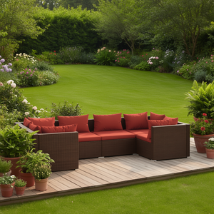 Ensemble de salon de jardin rouge cannelle en rotin brun, mobilier d'extérieur 6 places, résistant aux intempéries, design contemporain - Product Image 2