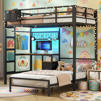 Lit superposé réglable en métal avec bureau, lumières LED, étagères de rangement et tiroirs, lit mezzanine taille double, cadre de lit sans sommier, noir