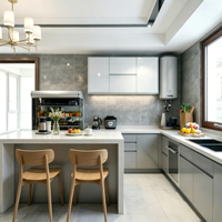 Ensemble de meubles de cuisine gris et blanc, modernes, modulaires, sans poignées, écologiques, ignifuges, avec éclairage LED intégré et système de rangement pour garde-manger