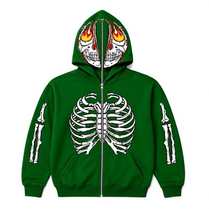 Green Gothic Hoodie Men <b>Skeleton</b> Print Zippered Hooded Sweatshirt Regular Fit Autumn Style Skull Design <b>Full</b> Sleeve - Product Image 1