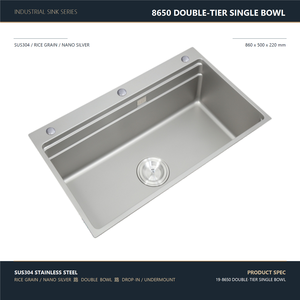 Évier de cuisine monobac 860x500mm en acier inoxydable 304, finition nano argent grain de riz double niveau, avec robinet inclus - Product Image 1