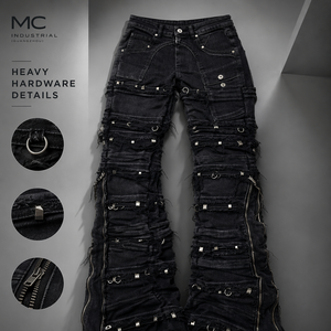<span class=keywords><strong>Jean</strong></span> slim <span class=keywords><strong>en</strong></span> denim pour homme, style streetwear punk gothique, avec fermetures éclair multiples, déchirures et détails métalliques, coupe évasée et empilée - Product Image 2