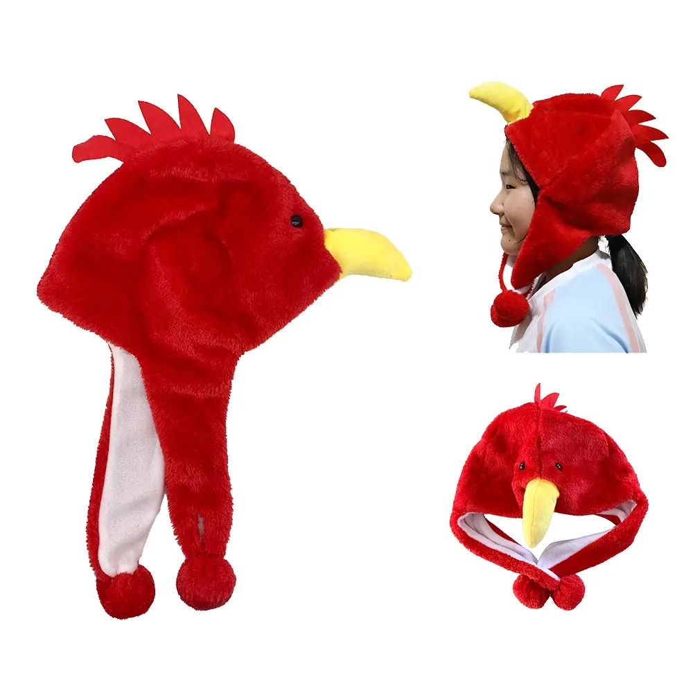 Cosplay Feest Vakantie Hoed Zacht Pluche Schattige Rode Kippenhoeden Gezellige Fleece Wintermuts Met Oorflap Voor Kinderen En Tieners One Size