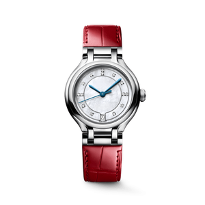 Ladies Luxury Quartz Watch with Diamond Markers Polished Steel Case Red Alligator-Embossed Leather Band Longinesing - Product Image 1