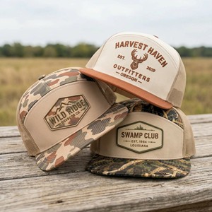 Gorra <span class=keywords><strong>de</strong></span> béisbol <span class=keywords><strong>de</strong></span> malla tipo camionero <span class=keywords><strong>de</strong></span> 7 paneles con parche <span class=keywords><strong>de</strong></span> goma personalizado, visera plana, para caza al aire libre, Snapback, Fabricante OEM ODM BSCI - Product Image 1