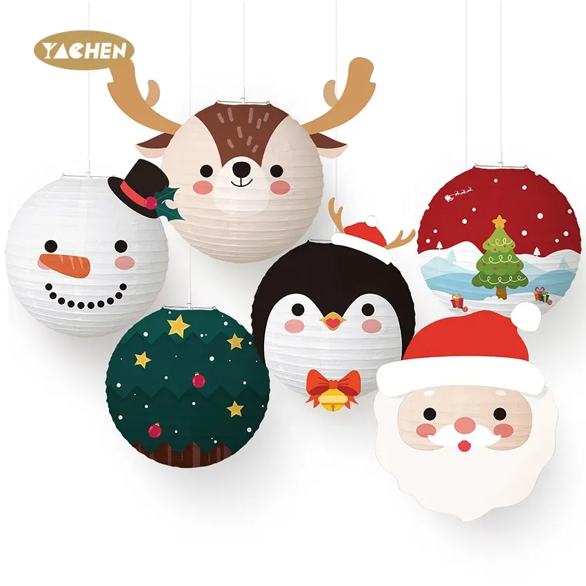 New design Cute Christmas Paper Lantern 30cm Elk Santa Claus Shape Party Lanterns For New Year Background Decoration Set