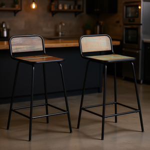 Tabourets de bar en bois massif recyclé, finition multicolore, structure métallique, design industriel, mobilier de bar pour la maison - Product Image 2