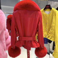 Veste moto courte en cuir véritable pour femme avec ceinture, col châle en fourrure de renard, style oversize, pour l'automne