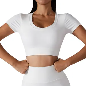 Logo Kustom 2022 Grosir Atasan Crop Olahraga Wanita Kaus Crop Top Kebugaran Putih Bergaris Rajut Banyak Wanita
