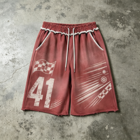 Shorts de course rouges 41 imprimés, en tissu épais, effet vintage, avec pulvérisation de couleur, style streetwear, ourlet déchiré, pour hommes, vente en gros, lot en vrac