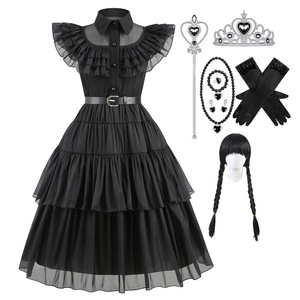 Costume de famille pour la fête de mardi, déguisement de luxe, robe de princesse noire pour filles Adams avec <span class=keywords><strong>accessoires</strong></span>, 3-10 ans - Product Image 4