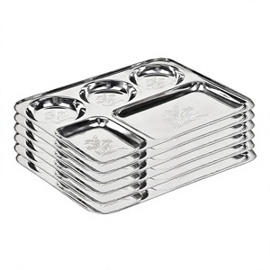 Wholesale round Stainless Steel Thali <b>Dinner</b> Plate 5 Compartment Mess <b>Tray</b> Dishes & Plates at Competitive Price Flower Design - Product Image 1