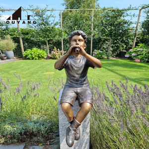 QUYANG decoración al aire libre Metal Tamaño Real Jardín sentado Banco bronce niño lectura <span class=keywords><strong>libro</strong></span> escultura con perro - Product Image 3