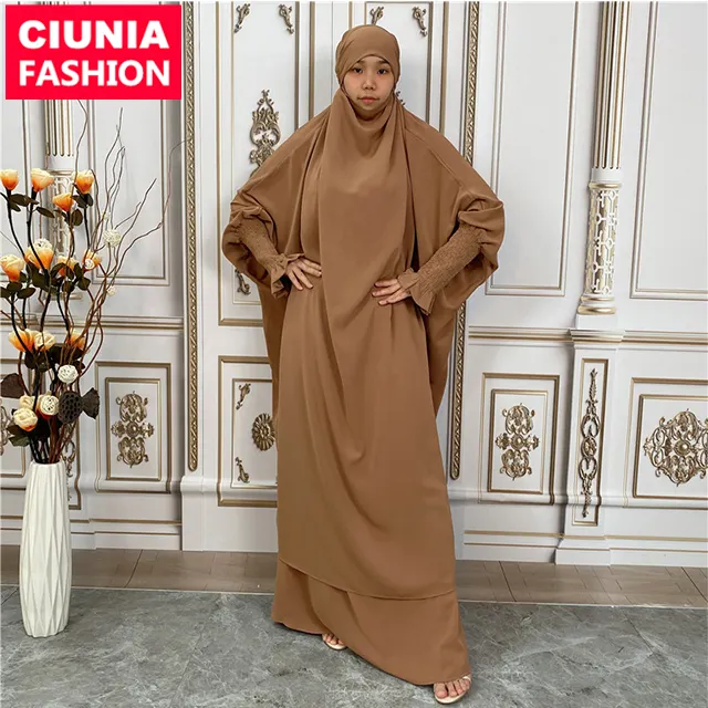 6608# High Quality Newest Nida Abaya Two Piece Ruffled Elastic Cuff Jilbab Prayer Suit Abaya Simple Everyday Wear