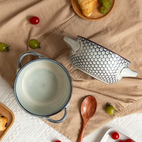 Harmony Nordic Retro Geometrisch Geprägte Schale mit Doppelgriffen für Haushalt und Restaurant, Geeignet für Nudeln, Suppe, Reis und Brot