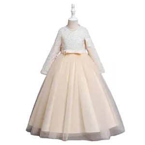 Vestido de noiva estilo coreano para meninas, vestido de festa brilhante de tule para casamento e flores, ideal para festas de 4 a 14 anos