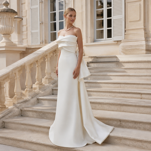 LY104 Beach Boat Neck Satin Ivory Mermaid Wedding <b>Dresses</b> <b>With</b> Overskirt - Product Image 1
