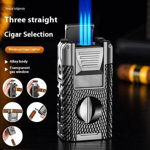 Encendedor de cigarros de antorcha de Metal multifuncional, triple llama de chorro a prueba de viento, cortador de cigarros de corte en V incorporado, soporte para cigarros de diseño clásico - Product Image 1