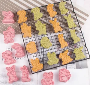 Saffraan Nieuw Konijn Konijn 8 Stks/doos Koekjes Cutter Cookie Press Icing Set Plastic Snijders Embosser Voor Pasen