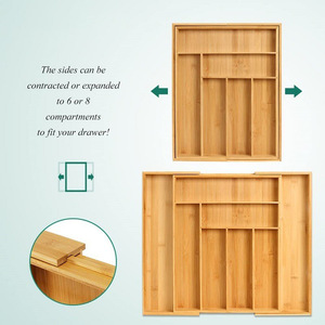 Bamboo 8 Compartment Knife <b>Storage</b> <b>Box</b> Extendable <b>Drawer</b> Organizer Rectangular Tableware Holder - Product Image 3