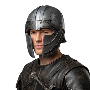 Polished Gray Medieval Roman Helmet with Decorative Metalwork and Face Guard Handicraft Metal for Warrior Costume Men's Use - Product Image 1