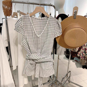 Vêtements pour femmes style américain Été 2026, à carreaux, col en V, boutonné, antibactérien, taille cintrée amincissante - Product Image 4