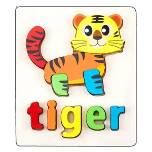 Houten Bouwsteen Baby Cartoon Dieren Spelling Puzzel Speelgoed Verkeer 3d Puzzel Montessori Educatief Speelgoed Spelletjes Voor Kinderen