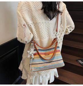2026 Niche Design Rainbow Woven Bag for Women Retro Vintage <strong>Ladys</strong> Simple Shoulder Bag Zipper Closure Polyester Lining Beach Bag - Product Image 6