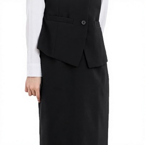 Conjunto de Traje Formal Negro para Mujer, Chaleco de Mezcla de Lana hasta la Rodilla con Cierre de Botones, Corte Regular, Ropa de Otoño - Product Image 3