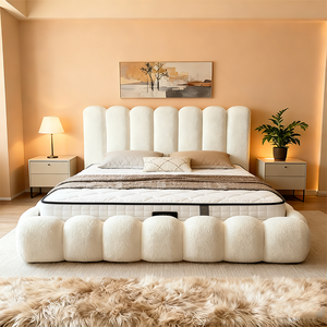 Cama Nube de Tela Bouclé Crema Acogedora, Tamaño King, <span class=keywords><strong>Queen</strong></span>, Doble, Full, con Marco de Madera, Ecológica, Duradera y Estable - Product Image 2