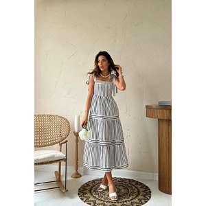 Vestido Negro a Rayas con Corte en A, Cintura Elástica, Cuello Cuadrado, Lazo Cruzado, Tejido Transpirable, Uso Diario Informal, Venta al Por Mayor - Product Image 5