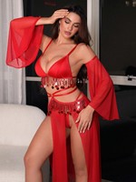 Nouvelle nuisette sexy européenne et américaine, écharpe de danse orientale à franges, ensemble de lingerie sexy rouge