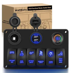 6 Gang Boat Switch Panel Marine Waterproof 12V LED Voltmeter USB Charger Socket Rocker Toggle Switch for RV Caravan Truck