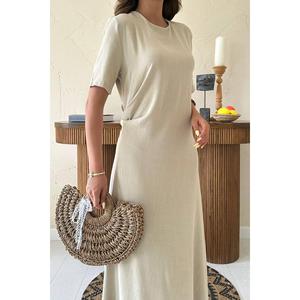 Robe plissée beige à col rond, coupe ample, en tissu tissé respirant, pour usage quotidien, décontractée, taille naturelle - Product Image 3