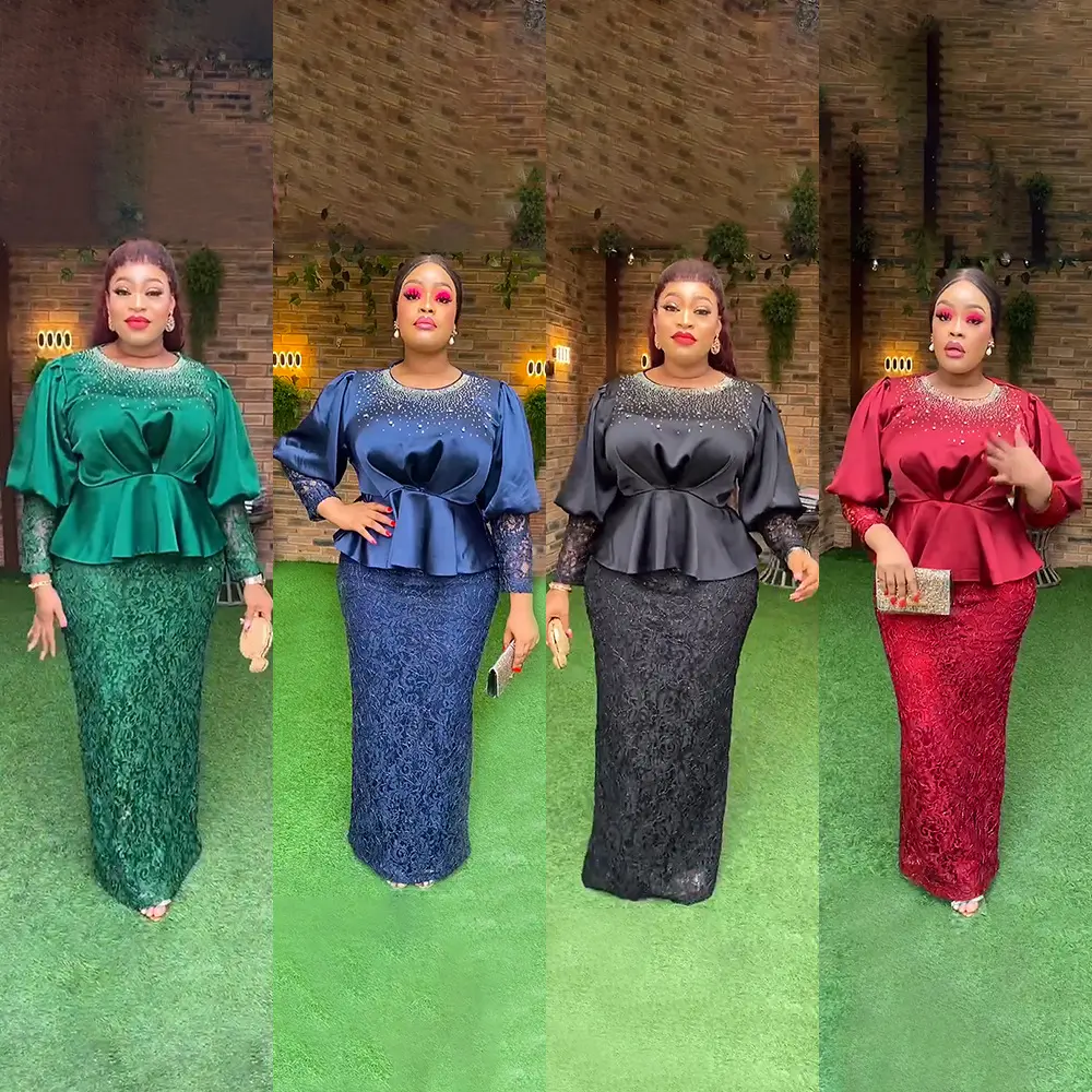 2023 Navidad nuevas mujeres africanas manga burbuja noche Maxi vestidos encaje vestido de fiesta moda elegante vestido largo para mujeres
