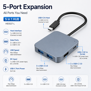 Hub <span class=keywords><strong>USB</strong></span> C A 5 en 1 en aluminium, 5 Gbps, 2 ports hôte doubles vers 3 <span class=keywords><strong>USB</strong></span> 3.0, 2 ports Type C, avec port de charge 5V 4A pour ordinateur portable - Product Image 3
