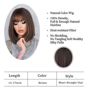 Peluca de cabello sintético para mujeres y niñas, pelo corto liso con flequillo, color marrón, bonito, Natural, para uso diario - Product Image 5