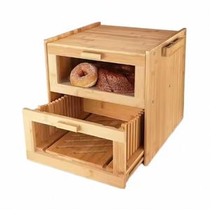 Home Kitchen Double Layer Natural <b>Bamboo</b> Bread Storage Box Organizer with Bread Slicer for Food Use - Product Image 4