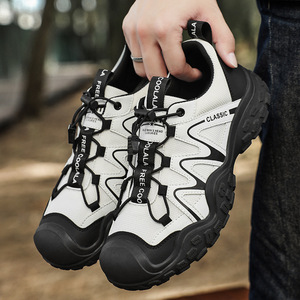 Men's Black White Color-<b>block</b> Hiking Shoes, Non-slip Quick-lace Outdoor Trekking Sneakers, Breathable - Product Image 4