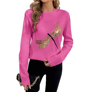 新款时尚设计女式毛衣定制标志圆领蜻蜓亮片图案修身毛衣女士热粉色亮片毛衣