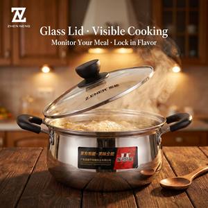 Olla de Cocina de Acero Inoxidable de Fondo Único con Forma de Arco, Cazuela <span class=keywords><strong>para</strong></span> Sopa de 18cm-24cm con Tapa Transparente Visible, Precio de Fábrica, MOQ de 4 Piezas - Product Image 1