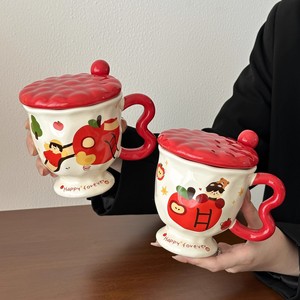 Taza de Cerámica Apple Girl con Tapa y Cuchara, Diseño de Dibujos Animados, para Café, Desayuno, Uso Doméstico, Juego de Una Taza, Primavera 2025, para Regalos - Product Image 3