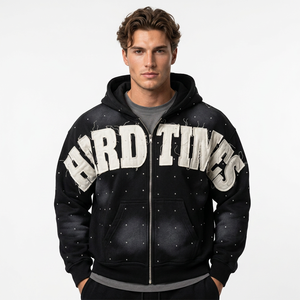 Sweat-shirt unisexe surdimensionné de luxe, coupe ample, effet vieilli, brodé de strass, motif graphique intégral, confortable, style streetwear - Product Image 1