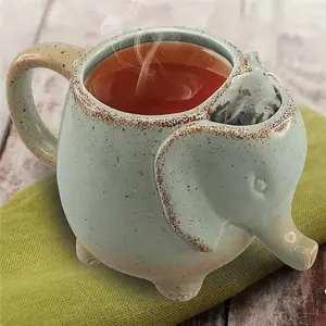 Caneca elefante 3d em forma de animal cerâmica, xícara de chá com suporte, elefante, caneca de chá verde