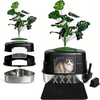 Bac à litière triangulaire XXL en acier inoxydable pour chat, facile à nettoyer, avec plantes artificielles intégrées
