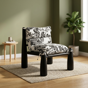 Silla Moderna de Madera para Sala de Estar, Estructura Negra, Cojín Floral Blanco, Respaldo Sólido, Funda Extraíble, Estilo Casual, Muebles para el Hogar - Product Image 3