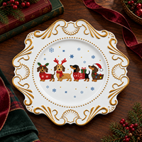 Assiette de Présentation en Plastique de 13 Pouces avec Motif Teckel de Noël Imprimé UV et Bordure Dorée Gaufrée Élégante pour les Décorations de Table de Fêtes