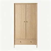 Armoire 2 portes en chêne massif avec tiroir, poignées anneaux en laiton, pieds coniques, style nordique minimaliste, rangement pour chambre à coucher, maison, appartement, hôtel