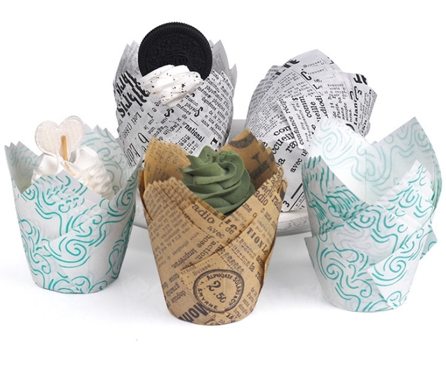 Cheap 50pcs/opp Bag Cupcake Wrapper Baking Tulip Muffin Cups Tulip Cupcake Liners with Newspaper Printing