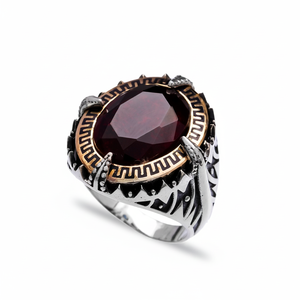 <b>Silver</b> 925 <b>Men's</b> <b>Ring</b> Authentic Oval Shape Garnet Gemstone Tugra Design <b>Ring</b> Ottoman Style <b>Silver</b> <b>Men</b> <b>Ring</b> Jewelry - Product Image 2